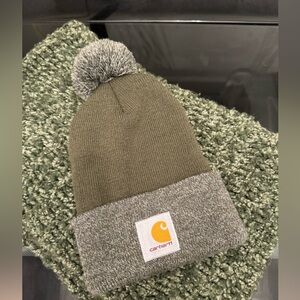 Carhartt Olive Green and Cream Knit Pom-Pom Beanie